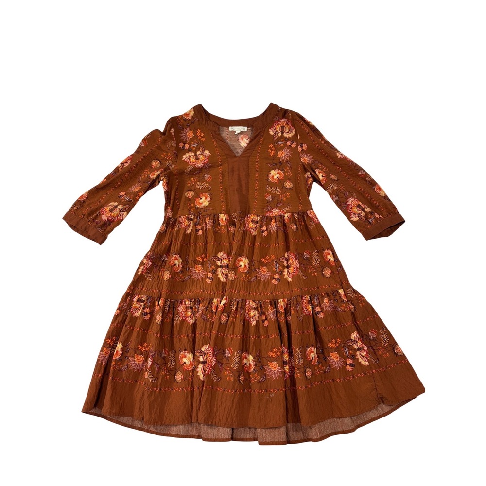 Fig + Flower Rust Brown Floral Embroidered Tiered Boho Mini Dress Large